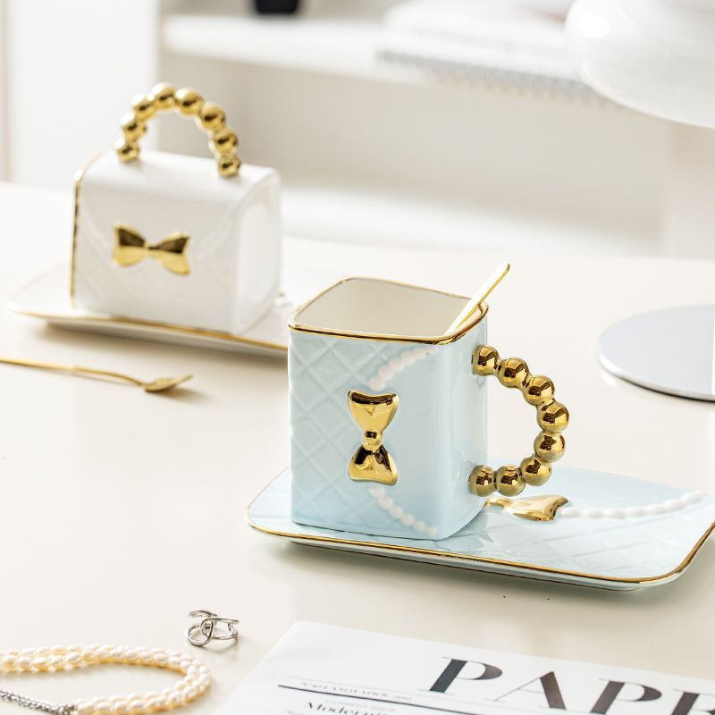 Designer Luxury 350ML Pearl Bow Bag Cup Coffee Cup Milk Cup Dish Set Home Office Afternoon Tea Ceramic Water Cup