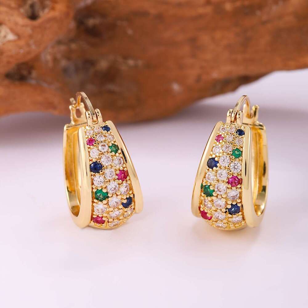 Colorful Zircon Earrings for Women, Elegant Niche High-end Hoop Earrings, Brass Gold-plated Fashion Simple Ear Jewelry