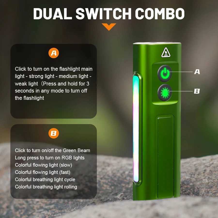 Multifunctional EDC Flat LED Flashlight with Green Beam Rechargeable RGB Side Light Outdoor Waterproof Lantern Camping Hiking S250723