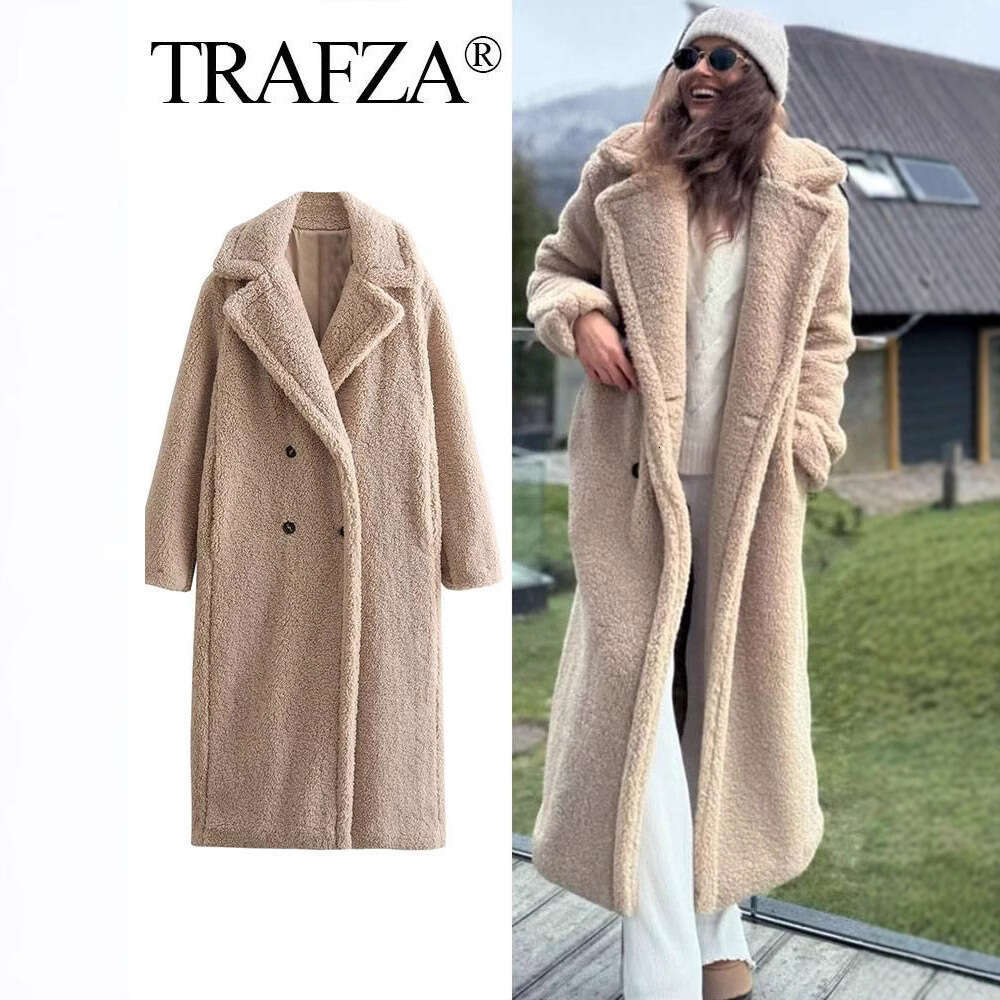 TRAFZA Women's INS Style Winter Warm Double-Breasted Long Shearling Coat B5