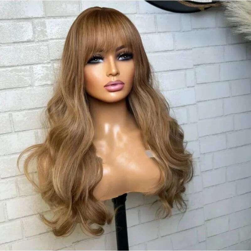 For Women 24 Inch Middle Part With Bangs Synthetic Heat Resistant Fiber Long Natural Light Blonde Brown Wavy Wig