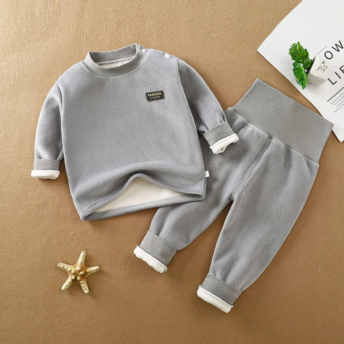 Warm underwear set for autumn and winter babies thickened high waist and belly protection baby casual childrens clothing 250724