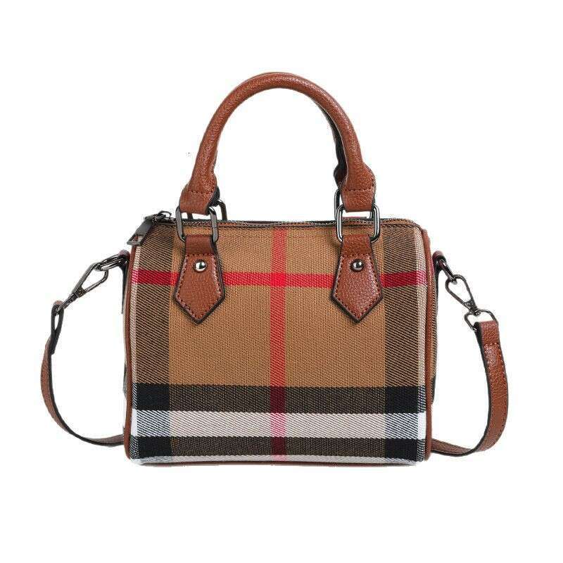 Canvas Plaid Genuine Leather Boston Pillow High-End Fashion Versatile Handbag Stylish Single Shoulder Crossbody Women's Bag
