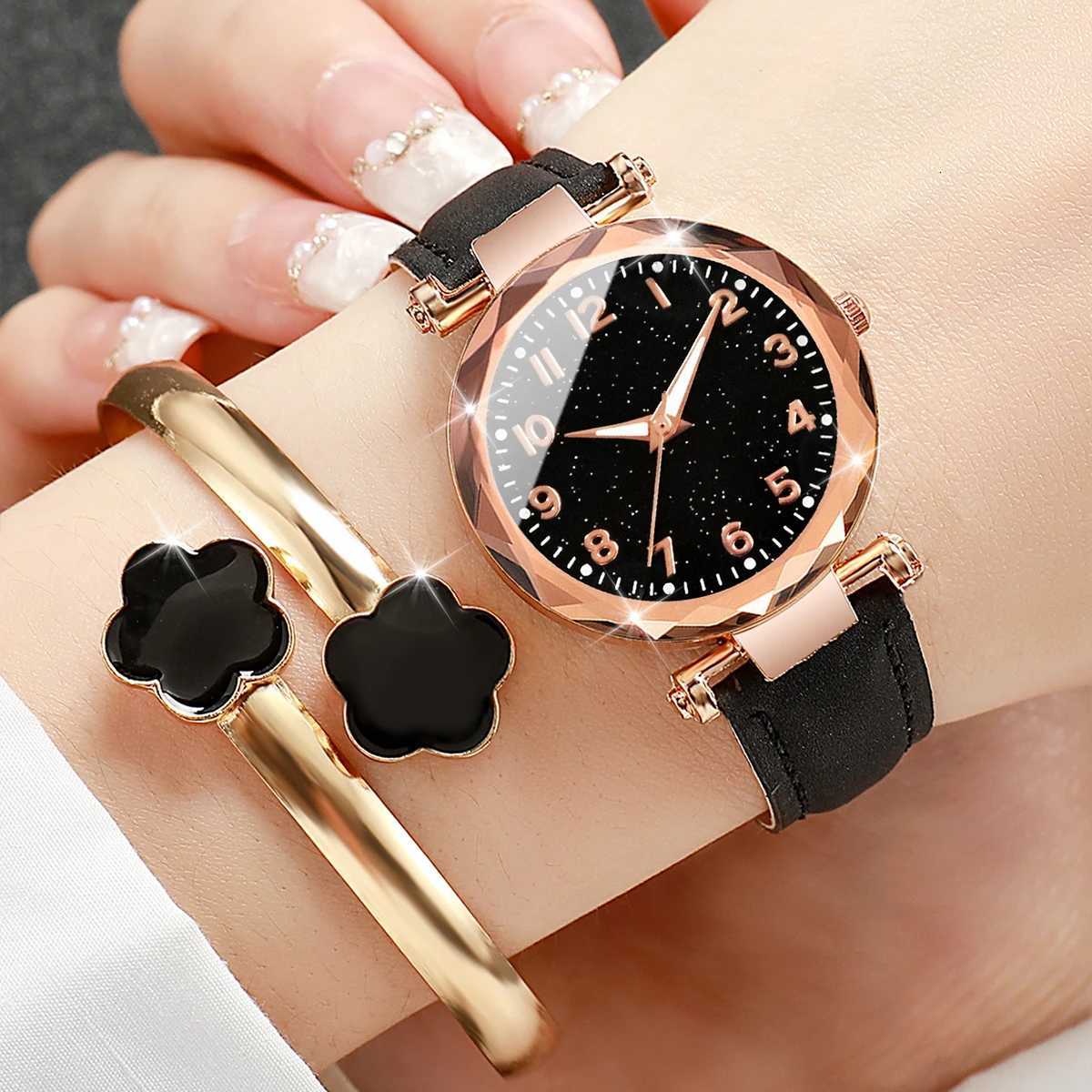 6PCs/Set Womens Watch Fashion Digital Leather Quartz Watch with Unique Flower Jewelry Set W250724