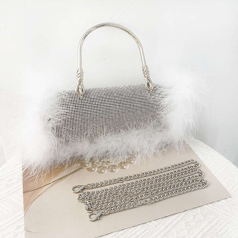 Designer Luxury Evening Diamond Niche Design Ostrich Feather Handbag Full Rhinestone Small Square Fluffy Crossbody Chain Evening Bag