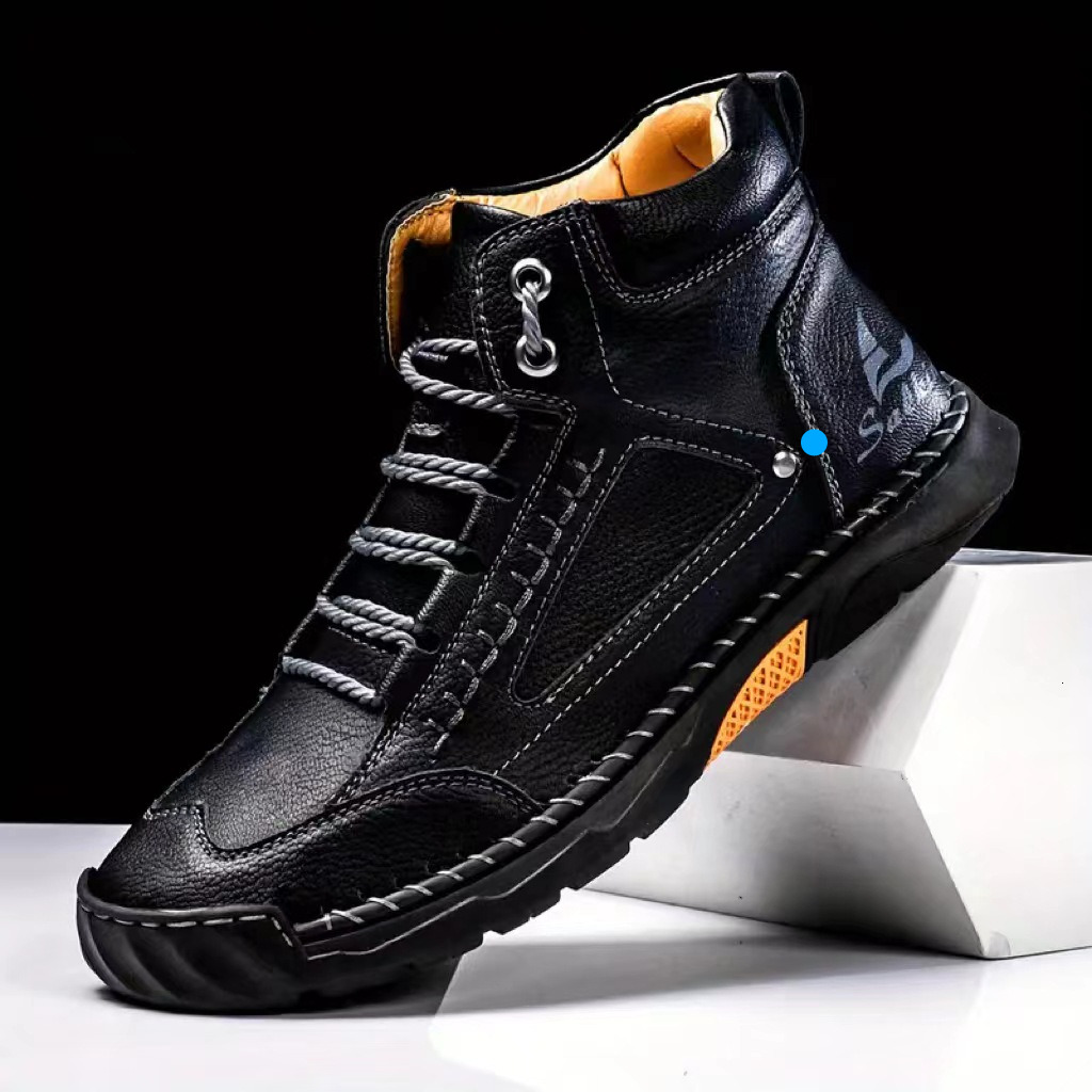 Large Size PU Leather Men's Fashion Hand-stitched Ankle Boots Flat Lace-up Casual Shoes