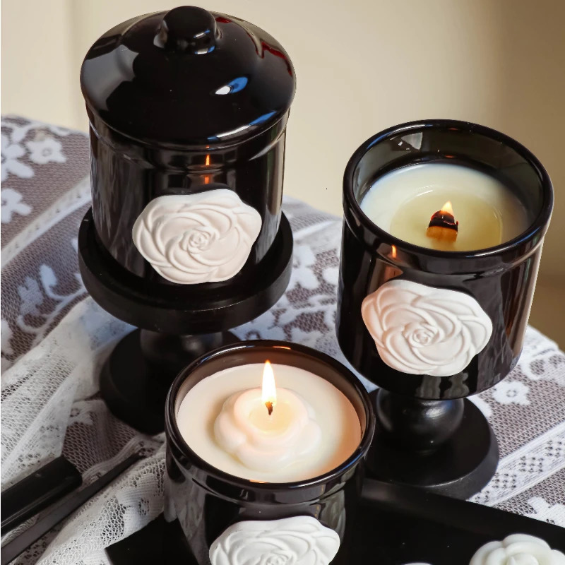 Luxury French Camellia Black Ceramic Mug Aromatherapy Cup Coffee Mugs Home Decoration Candle Wooden Holder Household Ornaments 250724