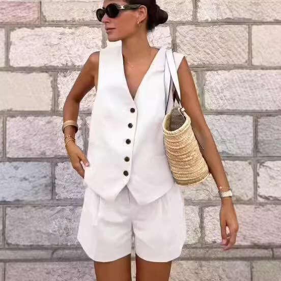Workwear Spring Summer New Women's Linen Vest + Shorts Set B5