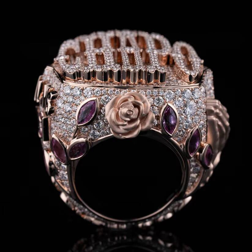 Customized Special Design 3D Rose Pray Hand Ring Rose Gold 925 Silver GRA Certified Moissanite Diamond Iced Out Letter Ring