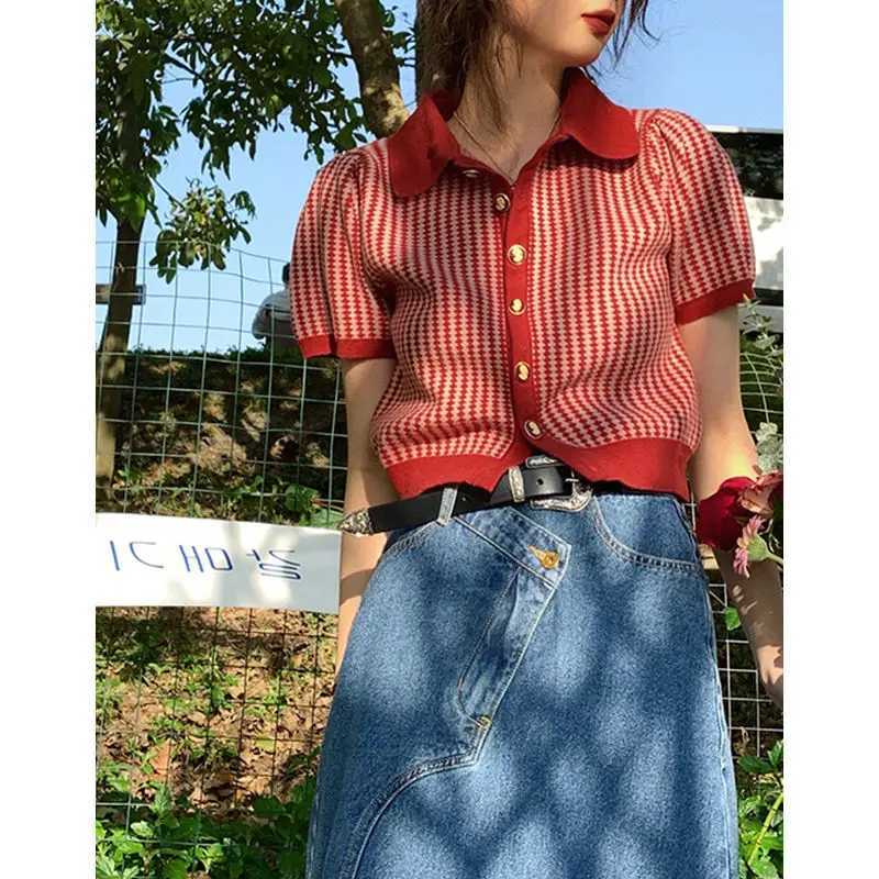 French Style Vintage Puff Sleeve Women Thin Knitted Short Sleeve Cardigan Summer New Fashion Striped Turn-down Collar Slim Tops X250724
