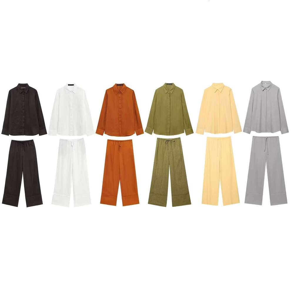 TRAFZA Spring New Shirt Long Sleeve Solid Color Casual Loose Wide-Leg Pants Set B5
