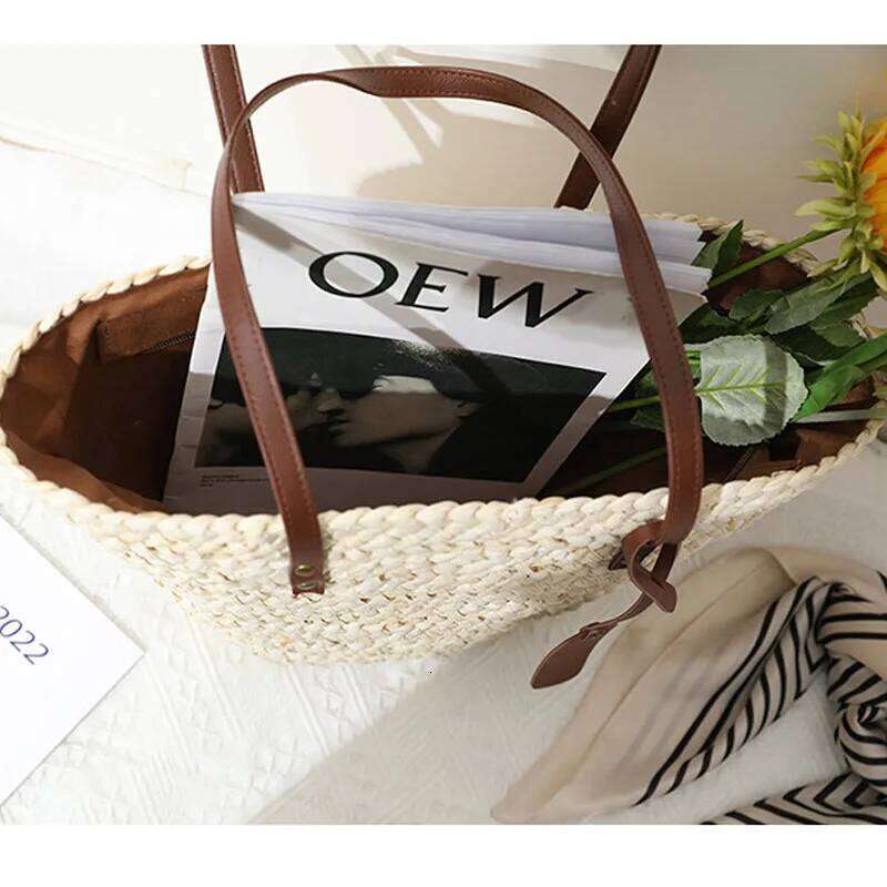 Women's shoulder corn husk straw versatile hand woven portable vegetable basket bag Holiday Beach Bag