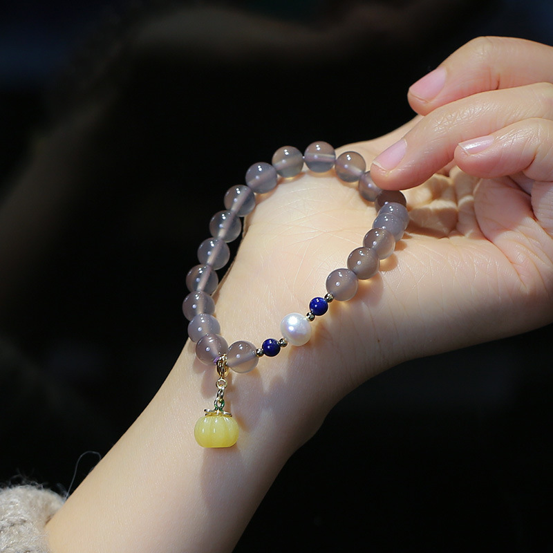 Chinese Style Natural Gray Agate Bracelet with Yellow Jade Pumpkin Freshwater Pearl Lapis Lazuli A Feminine Jewelry Piece