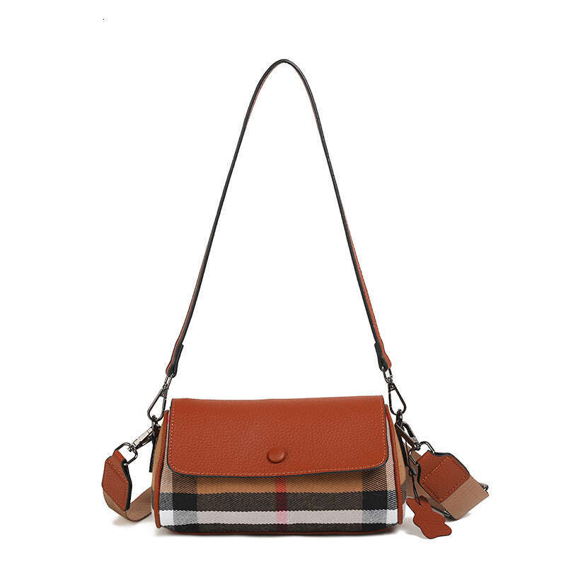 Plaid with Genuine Leather Flap Brown Cylindrical Women's New Simple Versatile Shoulder Crossbody Bag
