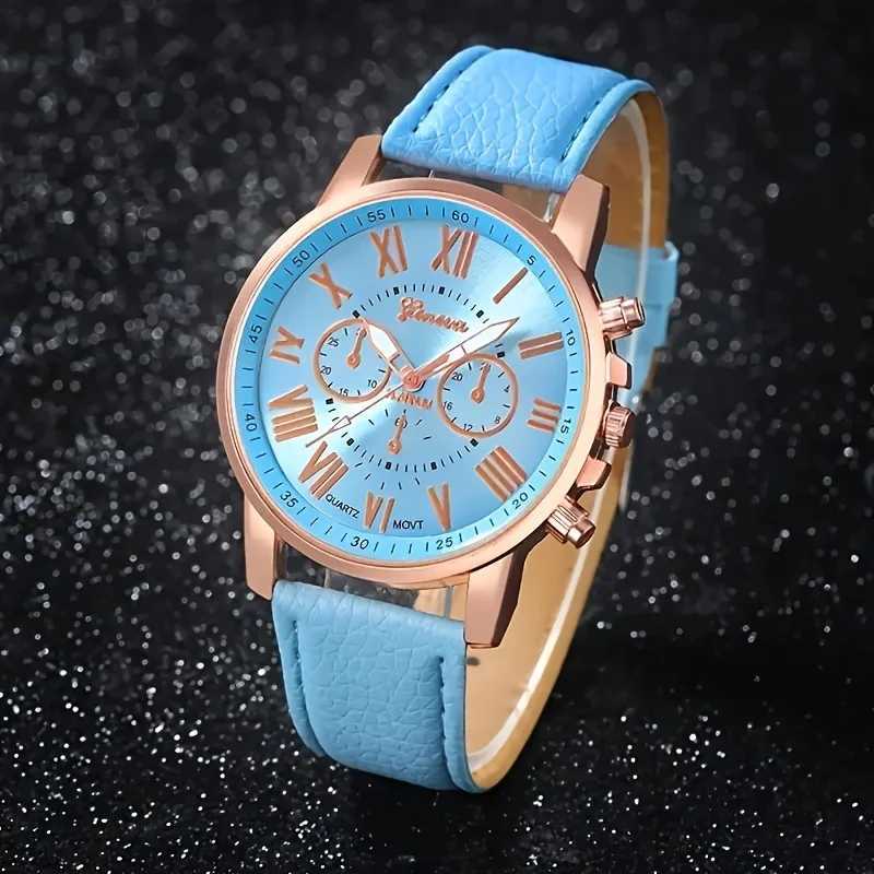 Fashion quartz watch and jewelry set shock-resistant circular analog digital display PU leather strap zinc alloy case W250724