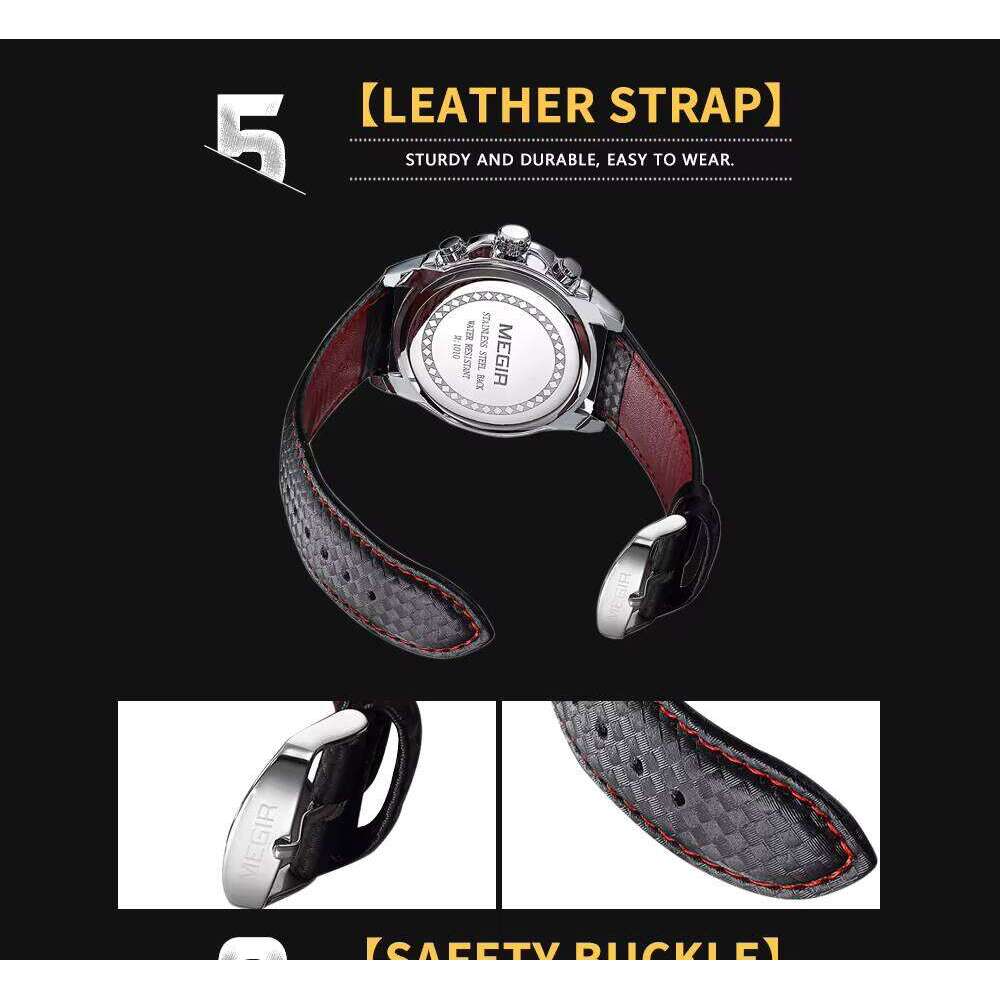 DHwatches MEGIR Men's Sports Watch - 30M Waterproof, Luminous, 6-Hand Design, Leather Strap, Quartz Wristwatch for Active Men