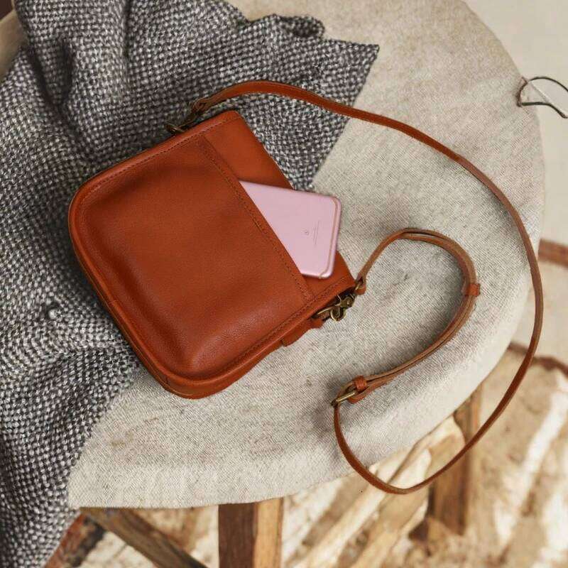 Handmade Top Layer Cowhide Vegetable Tanned Leather Crossbody Shoulder Bag, Artistic Retro French Japanese Vintage Saddle Bag