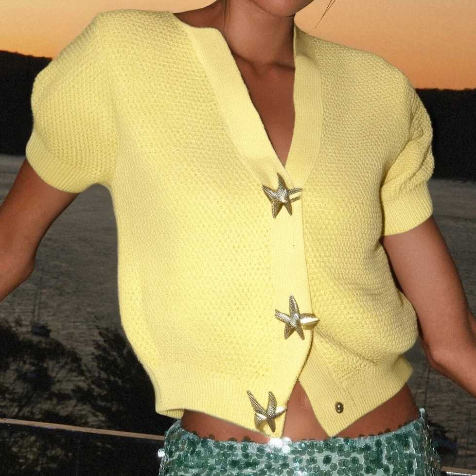 Womens Lightweight Knit Cardigan Solid Color Short Sleeve Metal Front Starfish Button Down Loose Tops for Spring Summer X250724