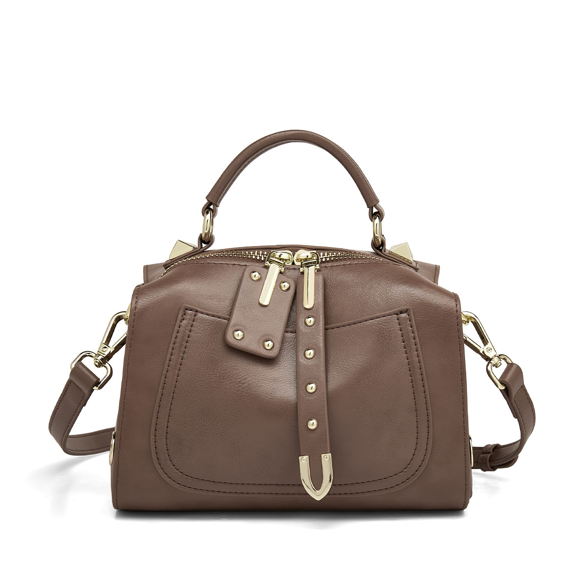 Designer Genuine Leather for Women 2025 Portable New Handbag Elegant Boston Studded Crossbody Trendy Light Luxury Women's Bag