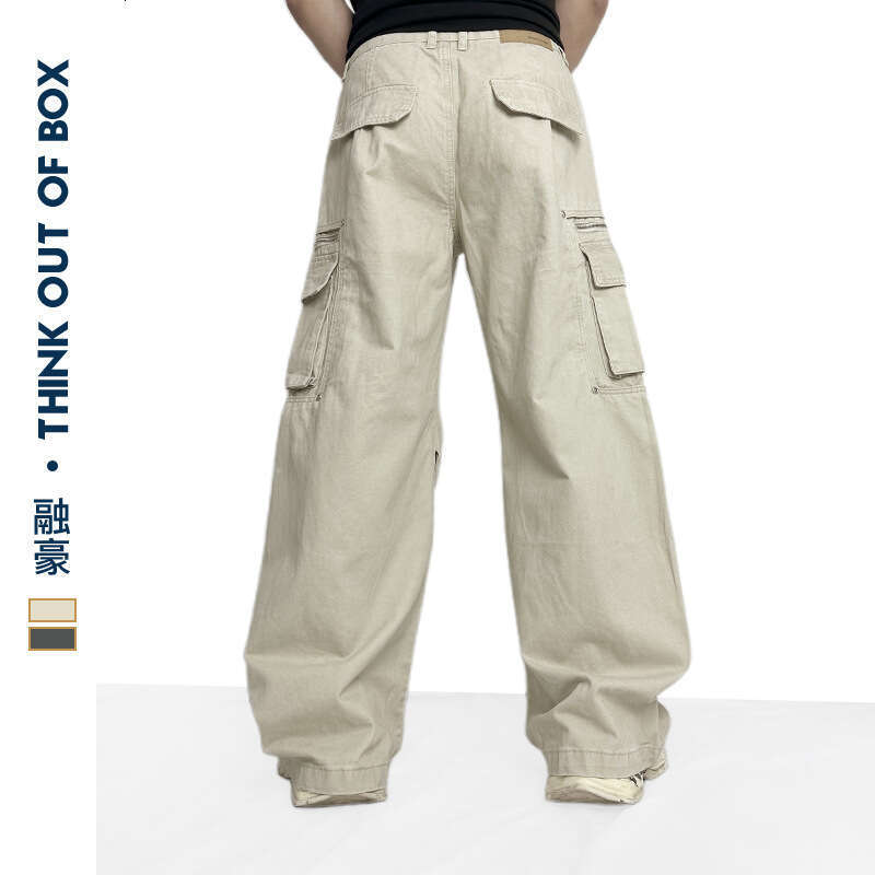 American High Street Large Pocket Zipper Cargo Wide Leg Three-Dimensional Cut Straight Loose Trendy Men's Pants
