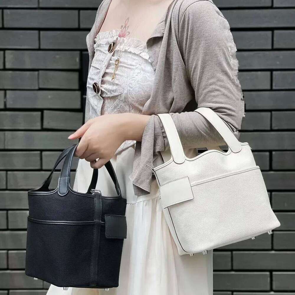 2024 New Canva Patchwork Flat Surface Cow Leather Direct Factory Sales Soft Top-Handle Bags Bucket Handbag