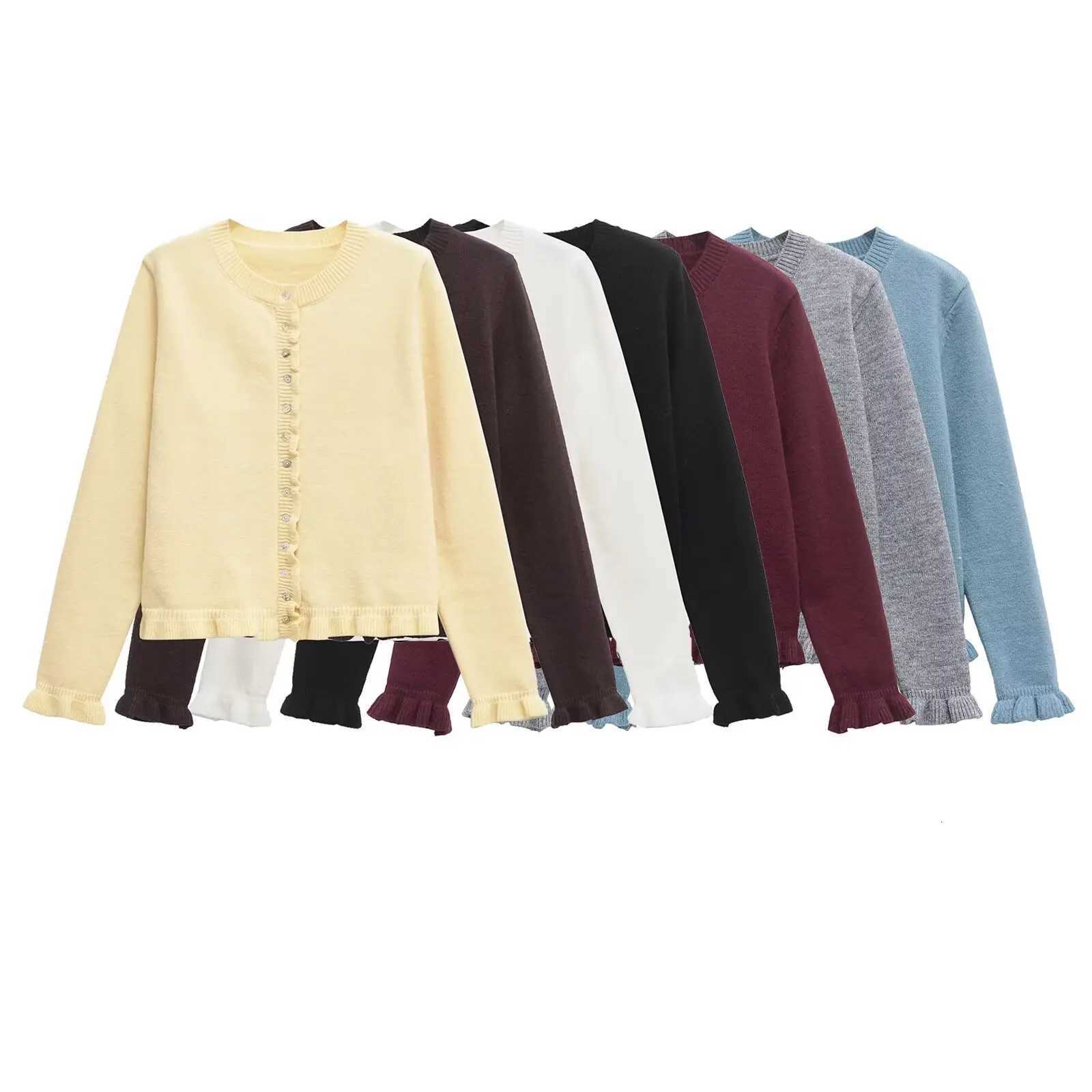 2025 Womens Long-Sleeved Knit Cardigan Round Neck Ruffled Trim Button Front Design Soft Comfortable Fabric X250724