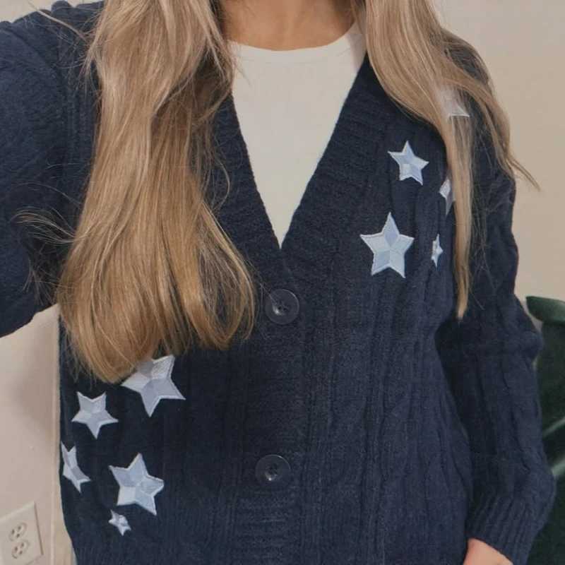 Winter Midnight Navy Blue Knitted Cardigans Women Spring Y2k Casual Star Embroidery Single Breasted XS-5XL Sweaters X250724