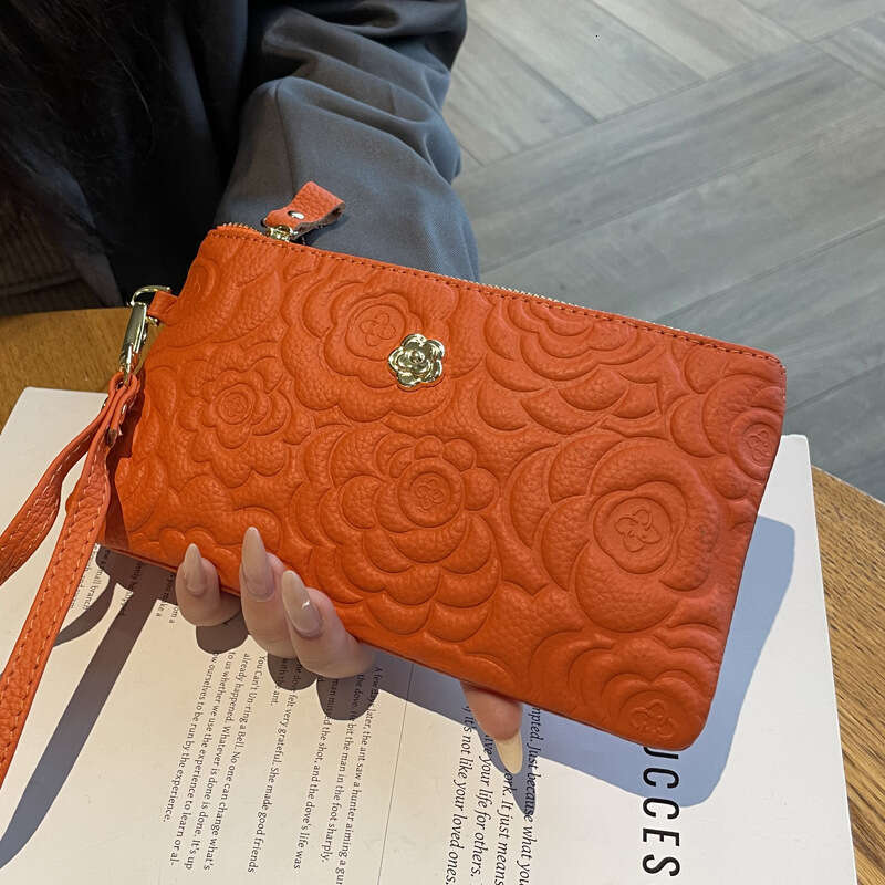 Top Layer Cowhide Long Printed Wristlet Bag Fashionable Mom Clutch Classic Trendy Versatile Wallet