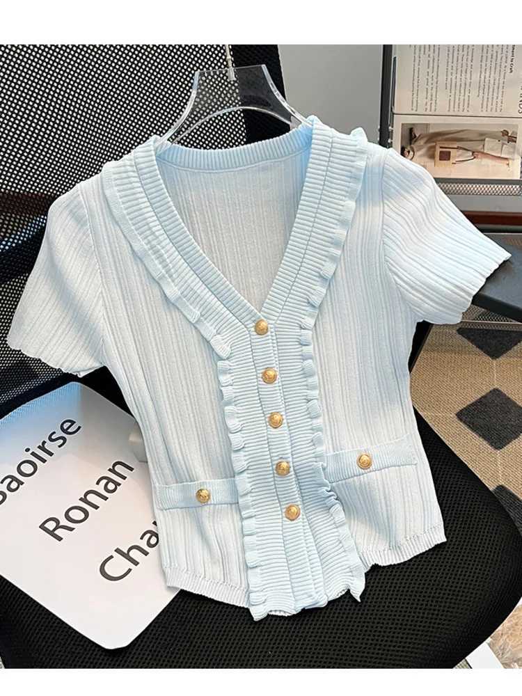 Summer New V-neck Ruffles Knitted Cardigan Womens Chic Thin Slim Short Sleeve Sweater Elastic Knitwear Tops 2025 Ladies Jumpers X250724