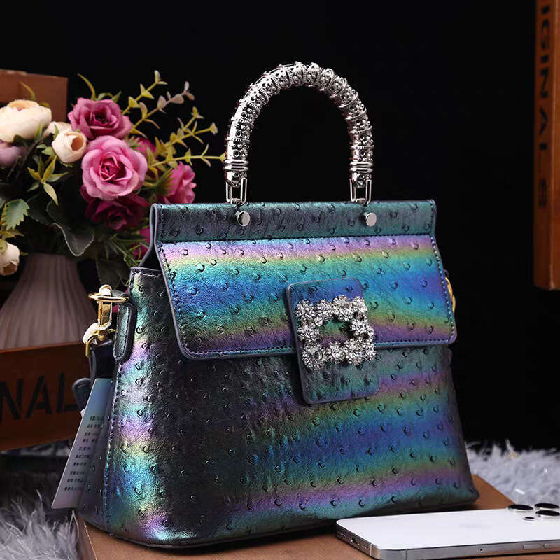 Designer Luxury Evening Diamond 2025 New High-End Women's Elegant Ostrich Pattern Diamond-Studded Evening Bag Wide