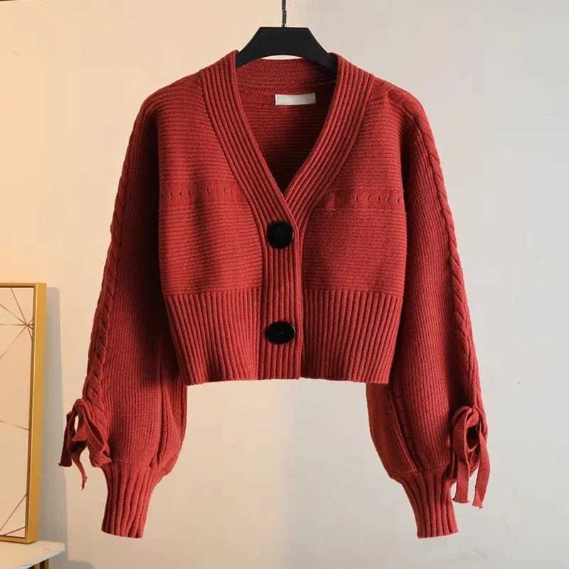 Fashion Drawstring Long Sleeve Knit Cardigans Women Autumn V Neck Cropped Sweater Cardigan Woman Korean Solid Wild Cardigan Lady X250724