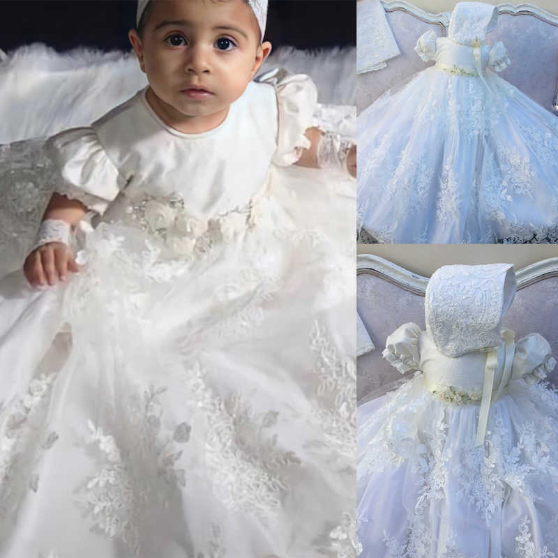 White Lace Christening Gowns Lace for Girl Appliques Beaded Girls Baptism Newborn Kids Birthday Dresses Customized