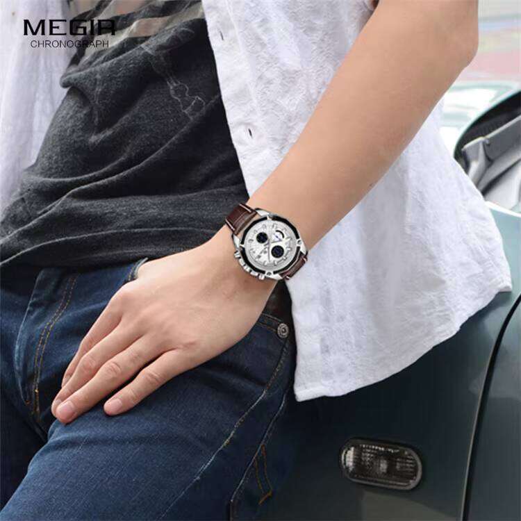 DHgargets MEGIR Men's Sports Watch - Chronograph, Luminous, 30M Waterproof, Leather Strap, Multifunction Wristwatch