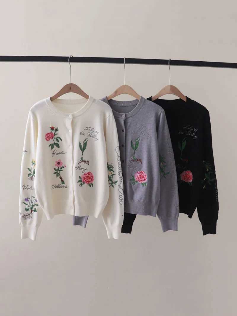 2025 Women Spring Fall New Flower Embroidered Wool Blend Soft Round Neck Long Sleeve Cardigan Jacket C-320 X250724