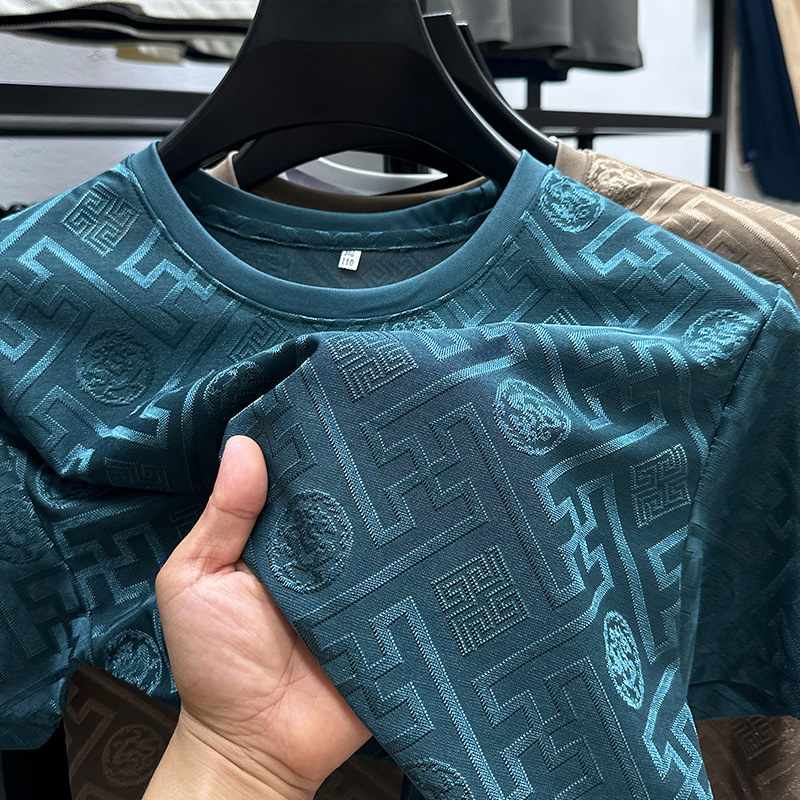 Men's T Shirts High End Brand Fashion Printed Short Sleeve T-shirt Men Summer Ice Silk Plaid Round Neck Casual Breathable Top