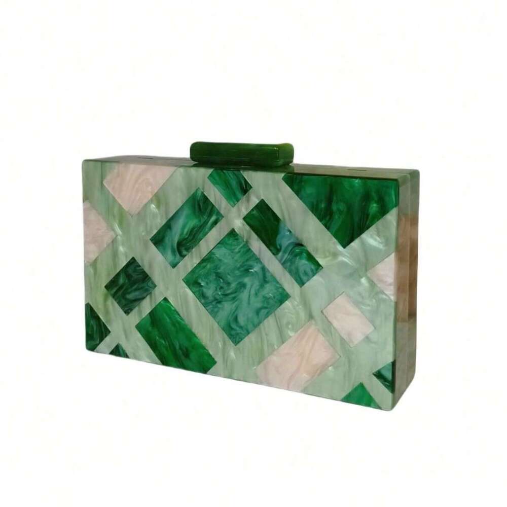 Designer Luxury Evening Diamond Green Plaid Acrylic Women's Clutch Dress Makeup Crossbody Chain Evening Bag Elegant