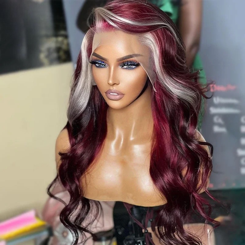 Blonde with Burgundy Body Wave Human Hair Wigs Transparent 13x4 Lace Frontal Wig Highlight Closure Wig Pre Plucked Synthetic Wig