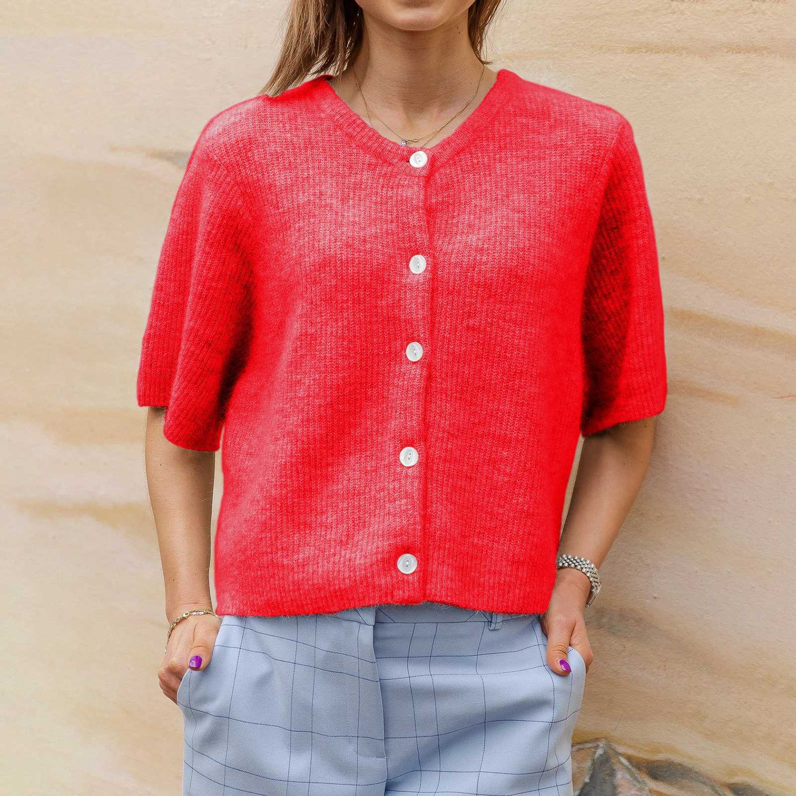 2K Women Cardigan Sweaters Short Sleeve Button Down Ribbed Knit Crop Top Fall Winter Going Out Sweater Female Knit Tops X250724