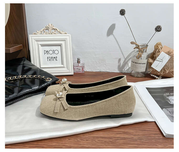 Grape Shallow Mouth Single for Women Fashion Bow Comfortable Soft Sole Mom Versatile Artistic Style Plain Women's Shoes