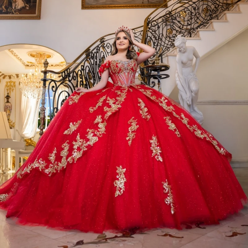 Red Shiny Quinceanera Dresses Off Shoulder Ball Gown Sweet 16 Dress Gold Applique Beading Bow Tull Birthday Party Vestidos 15 Anos