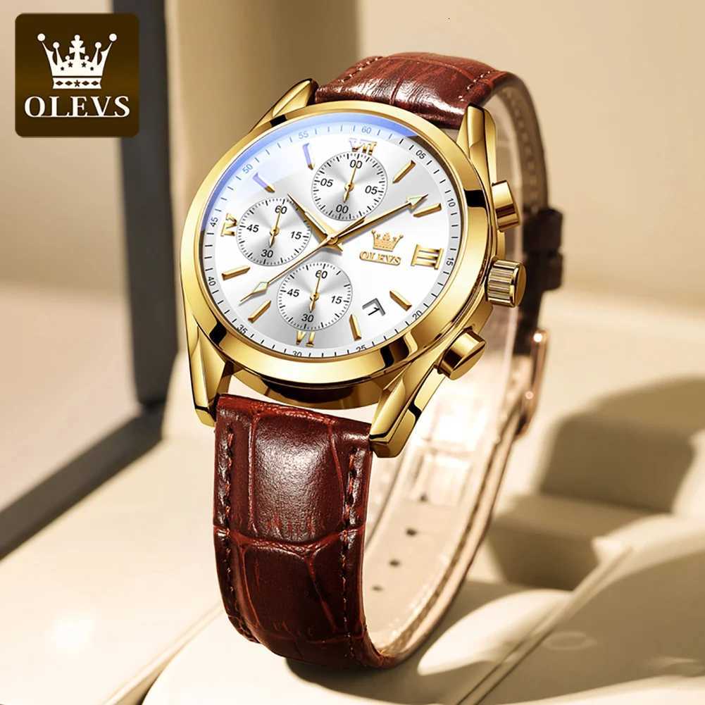 OLEVS 2872 Chronograph Mens Wristwatches Leather Strap Waterproof Luminous Original Quartz Watch for Men Luxury Sport Man Watch W250724