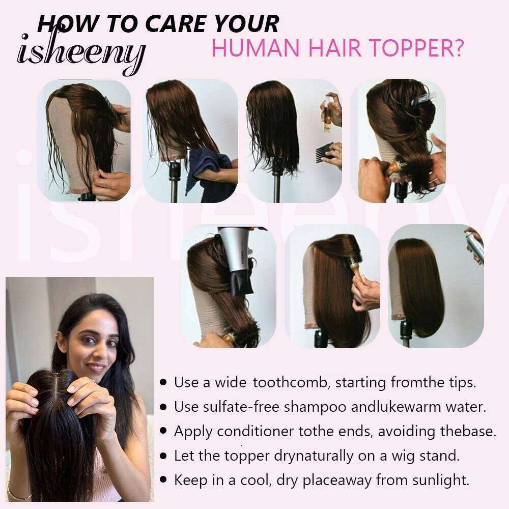 isheeny 7x11cm Brown Human Topper 8-14 inches Natural Seamless Scalp Hair Pieces No Bangs Middle Part for Women