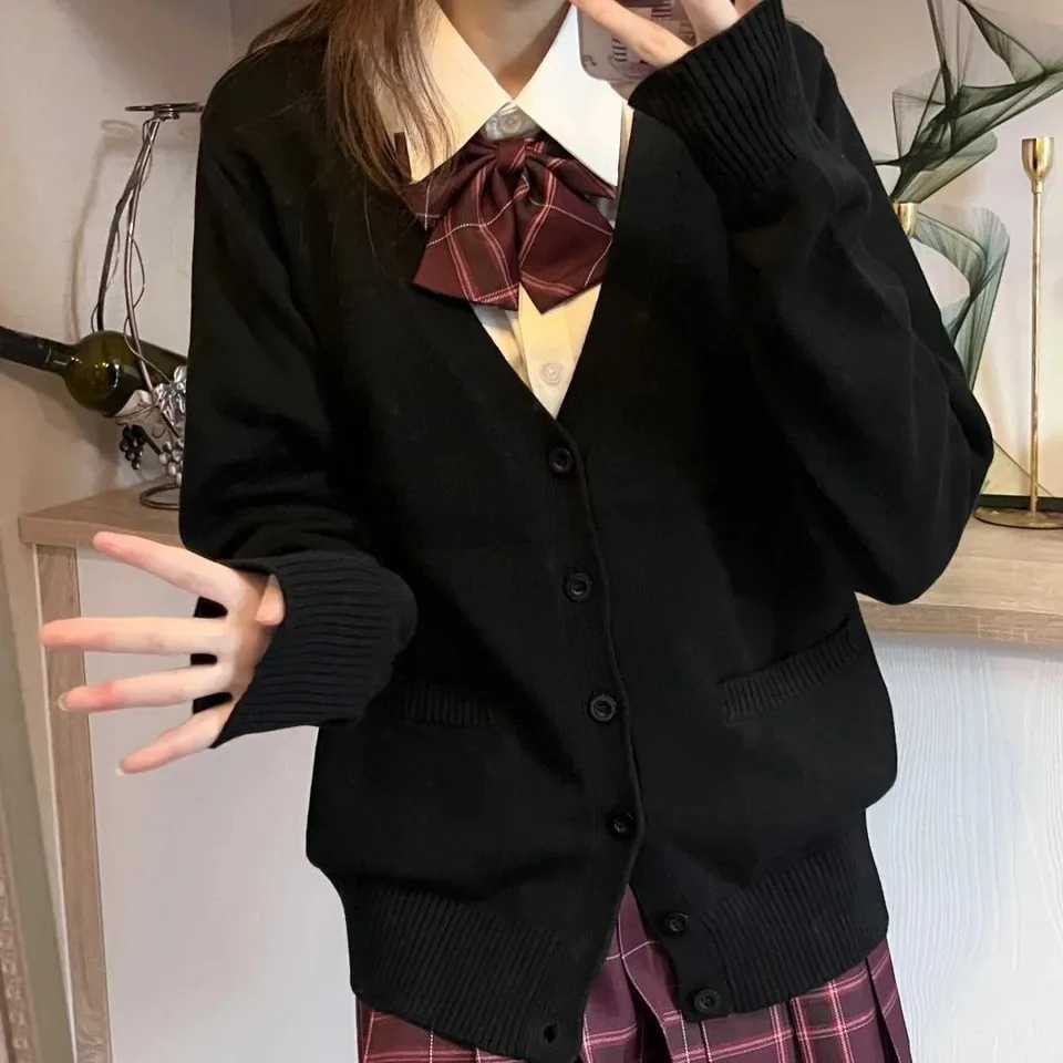 Japanese Fashion Solid Color V-Neck Knitted Sweater New JK Uniform Cardigan Top Autumn and Winter Womens Cotton Sweater X250724
