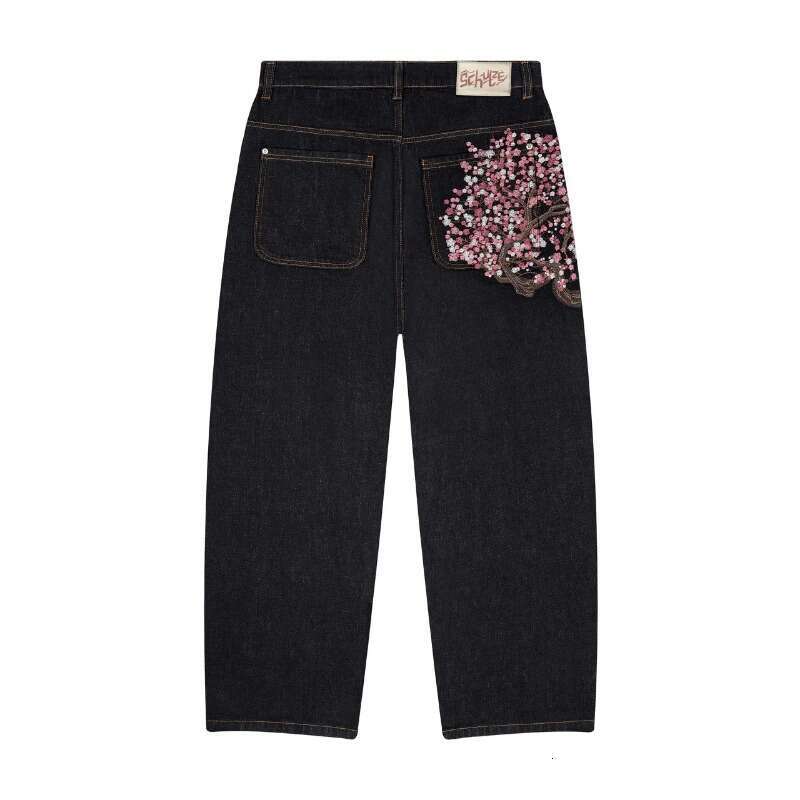 Y2k American Style Plum Blossom Embroidery Wide-Leg Pants Hip-Hop Street Loose Unisex Jeans B5