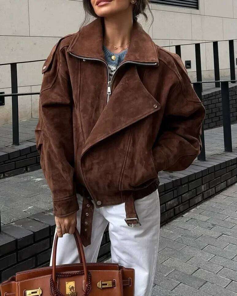 European And American Brown Lapel Irregular Short Loose Jacket Retro Maillard Fashion Casual Top