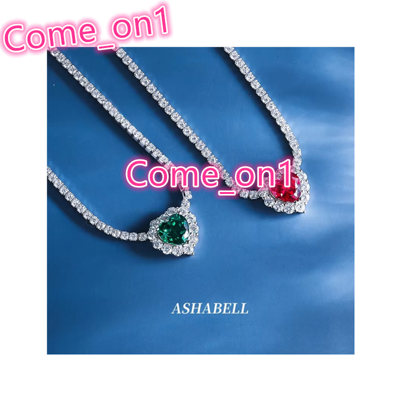 Luxury 925 Sterling Silver Ice Out Diamond Tennis Chain Shinny Zircon Big Ruby Emerald Heart Charm Wedding Necklace