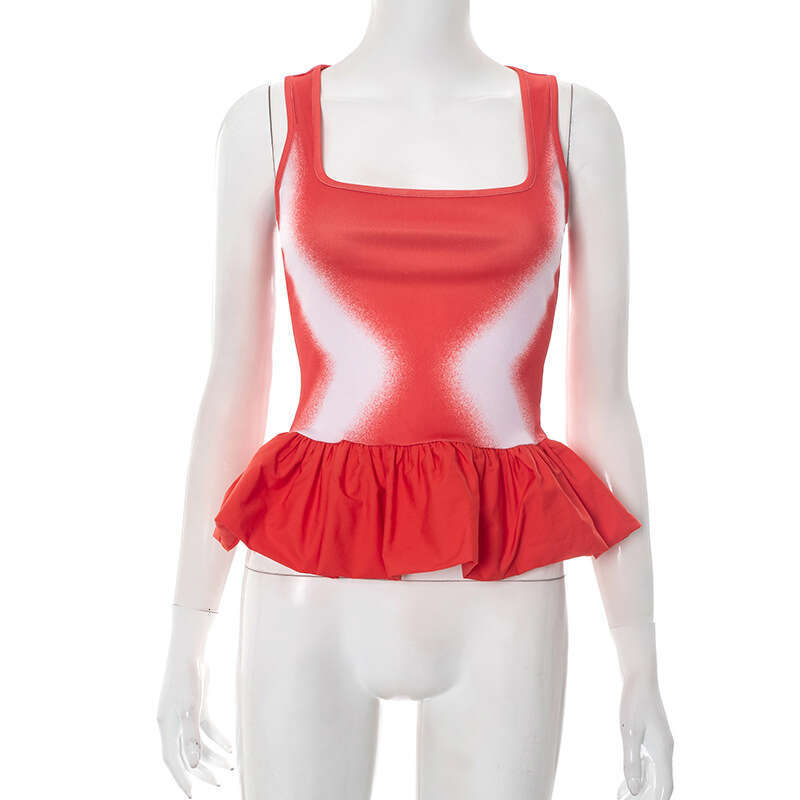 Y25tp163 Women's Summer New U-Neck Color-Block Ruffle Sexy Tank Top T-Shirt For Women B5