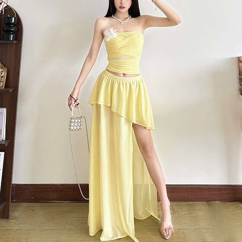 2025 Summer New Sleeveless Backless Versatile Tube Top Irregular High Waist Skirt Set 069
