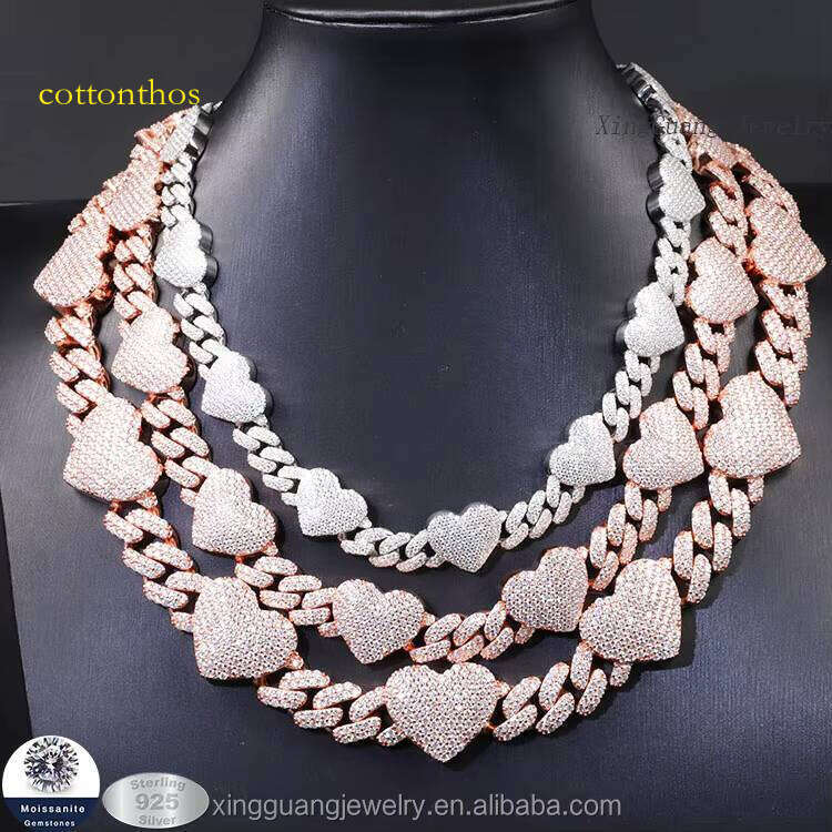 Delivery Within 3 Days 2row Sier White Gold Plated Bracelet VVS Moissanite Heart-Shape Cuban Link Chain Necklace