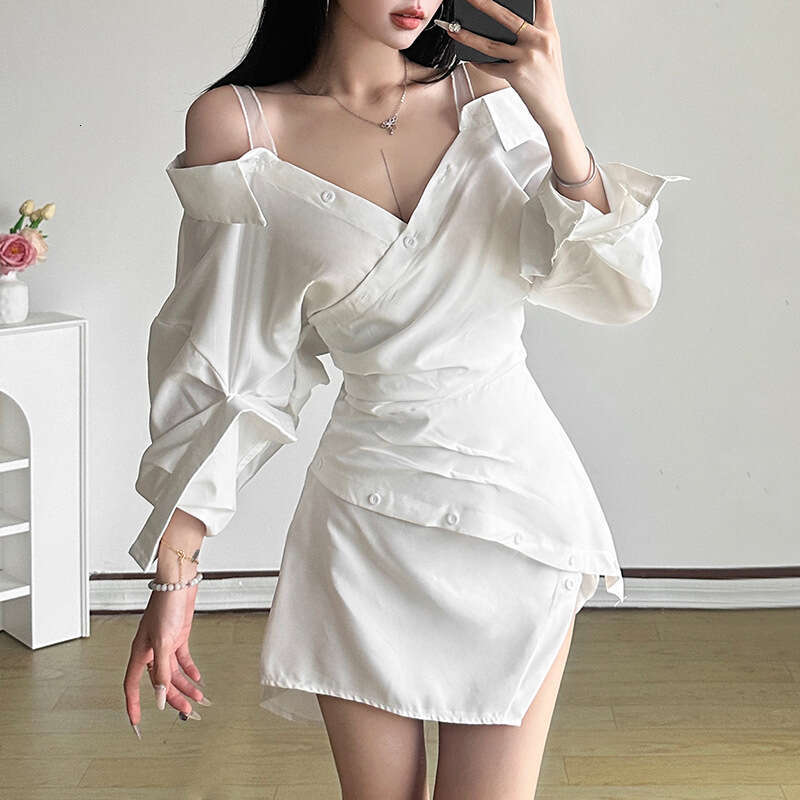 2024 Autumn New Women's Solid Color Slim High Waist Fashion V-neck Long Sleeve Strap Dress 3d9